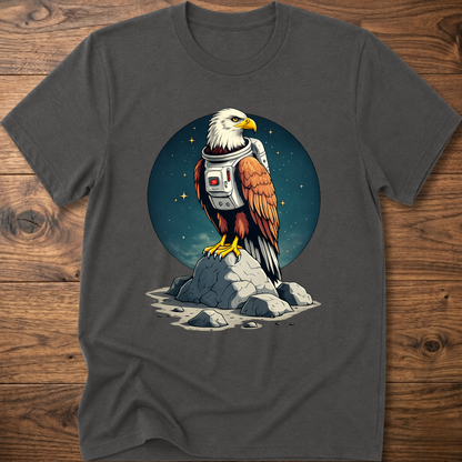Charcoal gray T-shirt with astronaut-eagle graphic on round space background