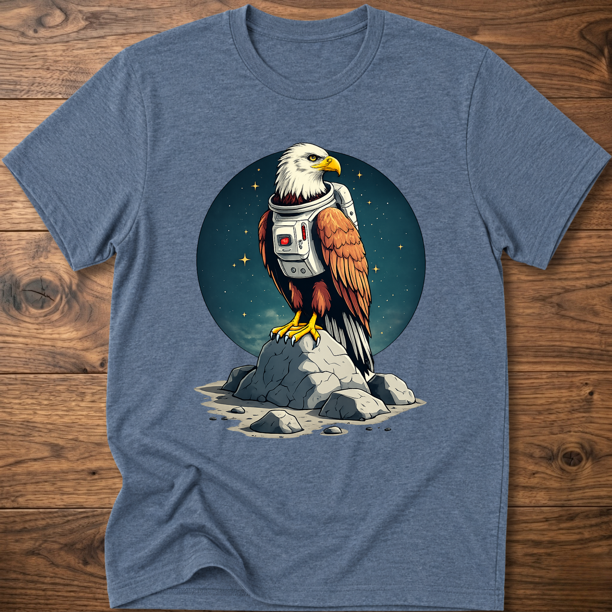 Heather blue T-shirt with astronaut-eagle graphic on dark circular background