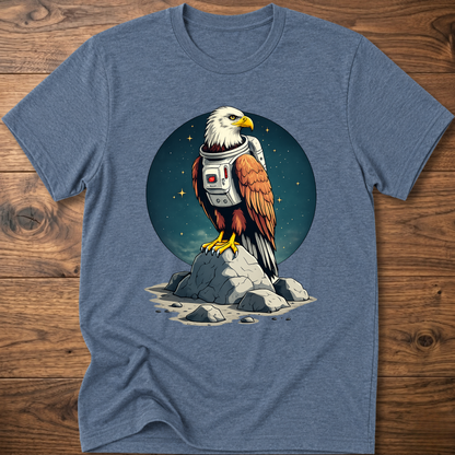 Heather blue T-shirt with astronaut-eagle graphic on dark circular background