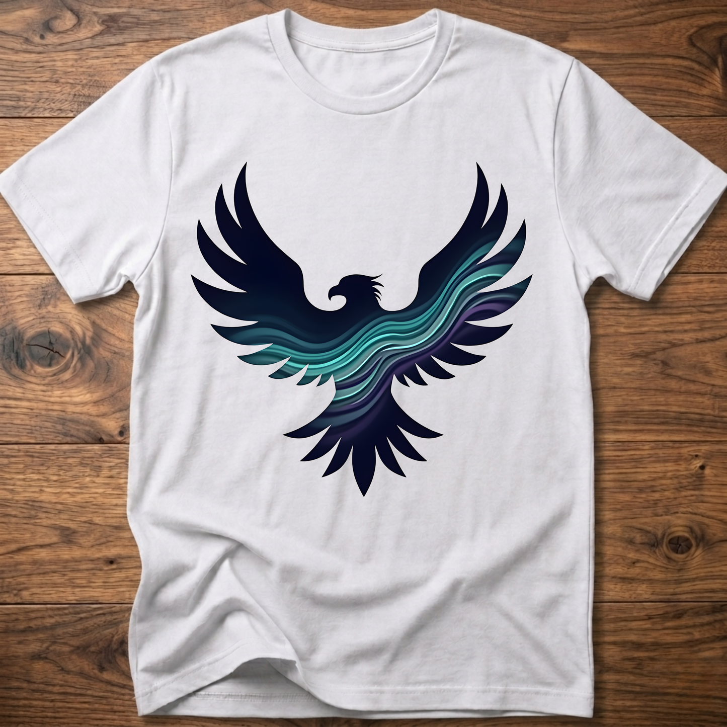 White crew-neck T-shirt with large phoenix-style eagle graphic in navy and teal