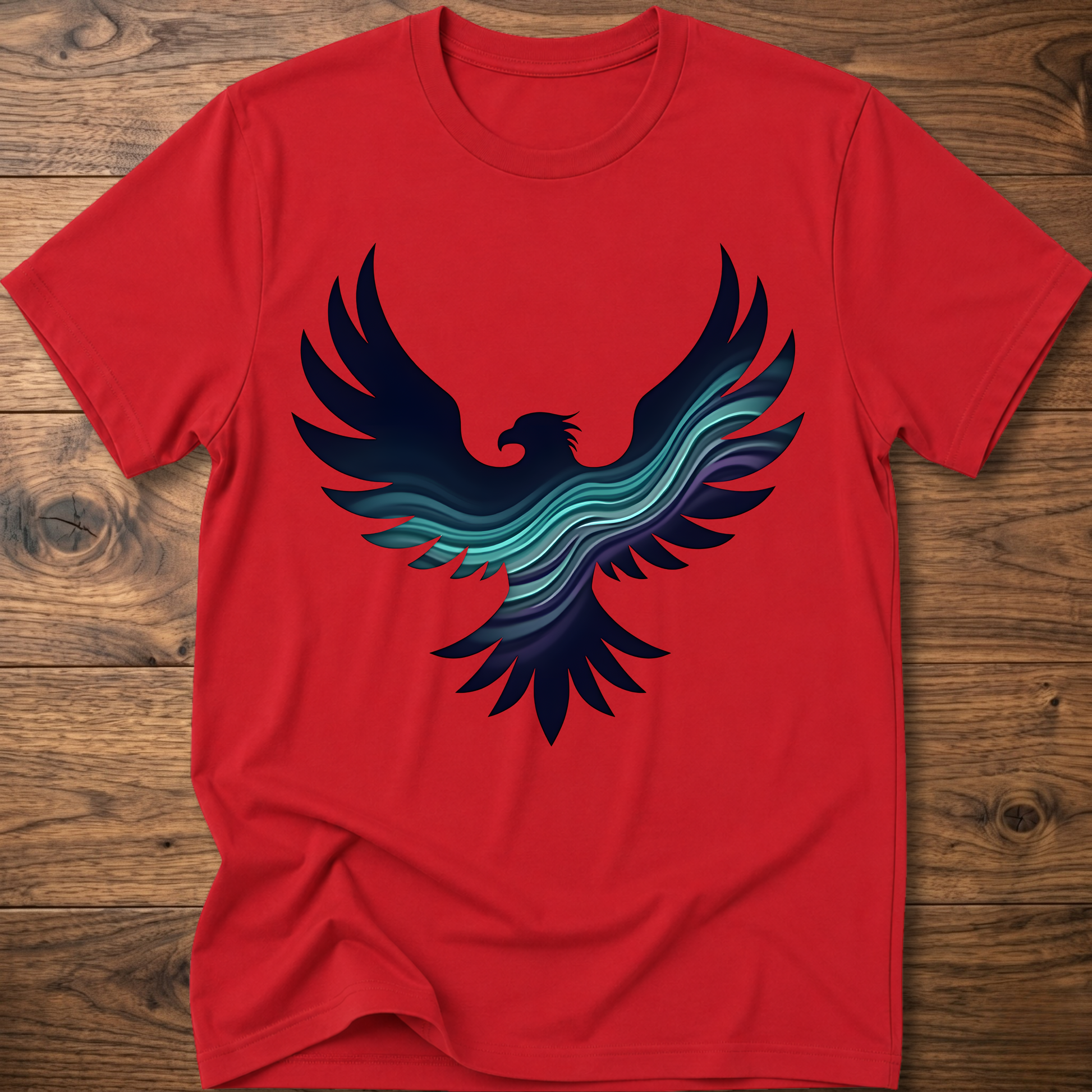 Red crew-neck T-shirt with large phoenix-style eagle graphic in navy and teal