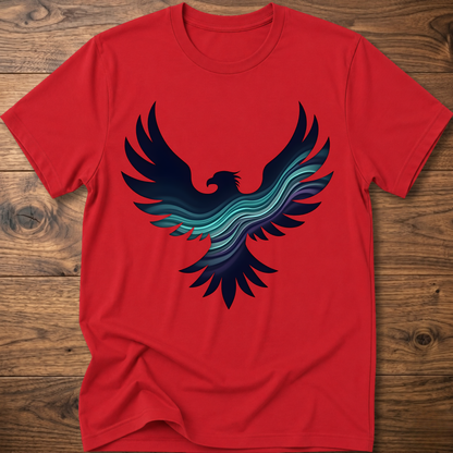 Red crew-neck T-shirt with large phoenix-style eagle graphic in navy and teal