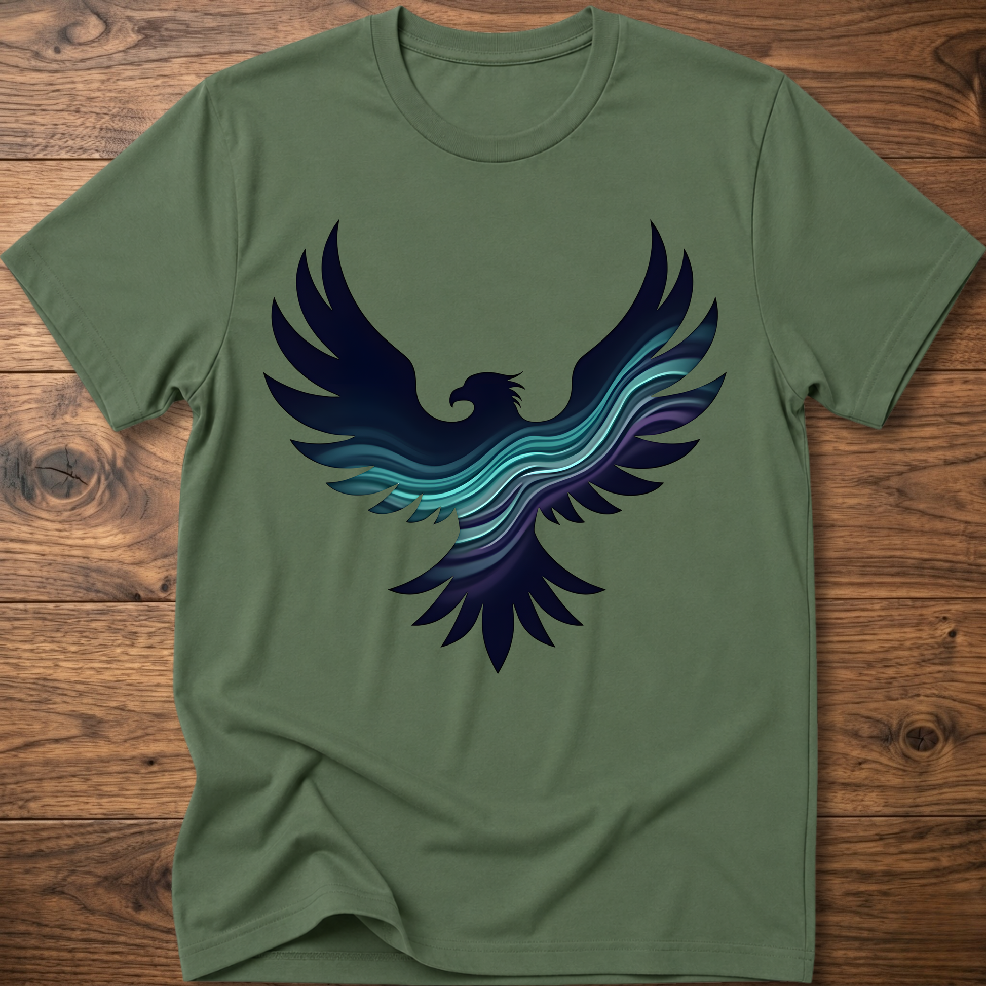 Olive green crew-neck T-shirt with large phoenix-style eagle graphic in navy and teal