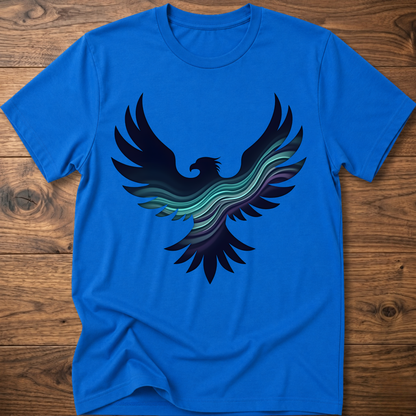 Royal blue crew-neck T-shirt with large phoenix-style eagle graphic in navy and teal