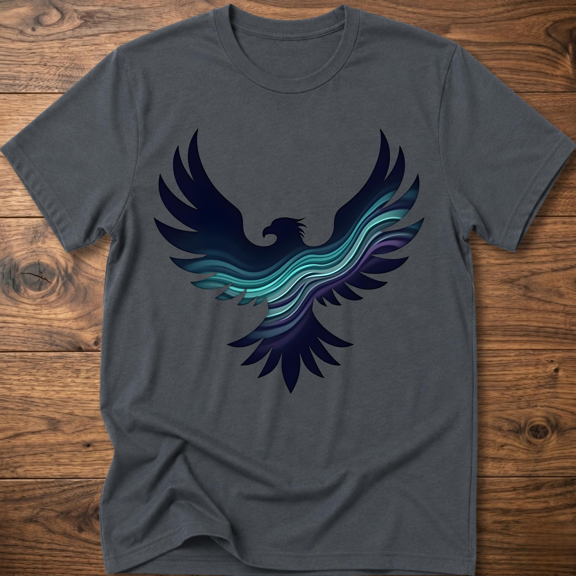 Charcoal gray crew-neck T-shirt with large phoenix-style eagle graphic in navy and teal