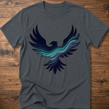 Charcoal gray crew-neck T-shirt with large phoenix-style eagle graphic in navy and teal