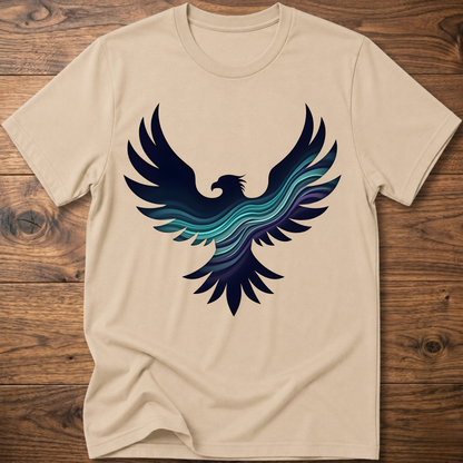 Sand crew-neck T-shirt with large phoenix-style eagle graphic in navy and teal