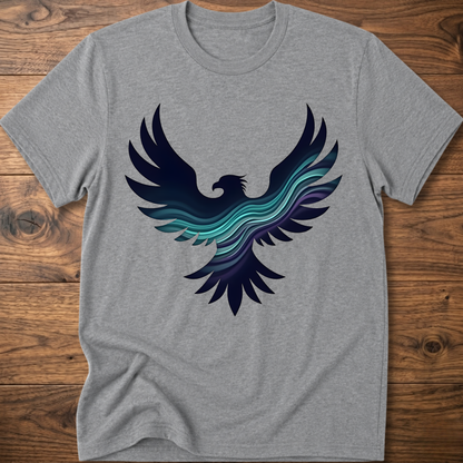 Dark gray crew-neck T-shirt with large phoenix-style eagle graphic in navy and teal