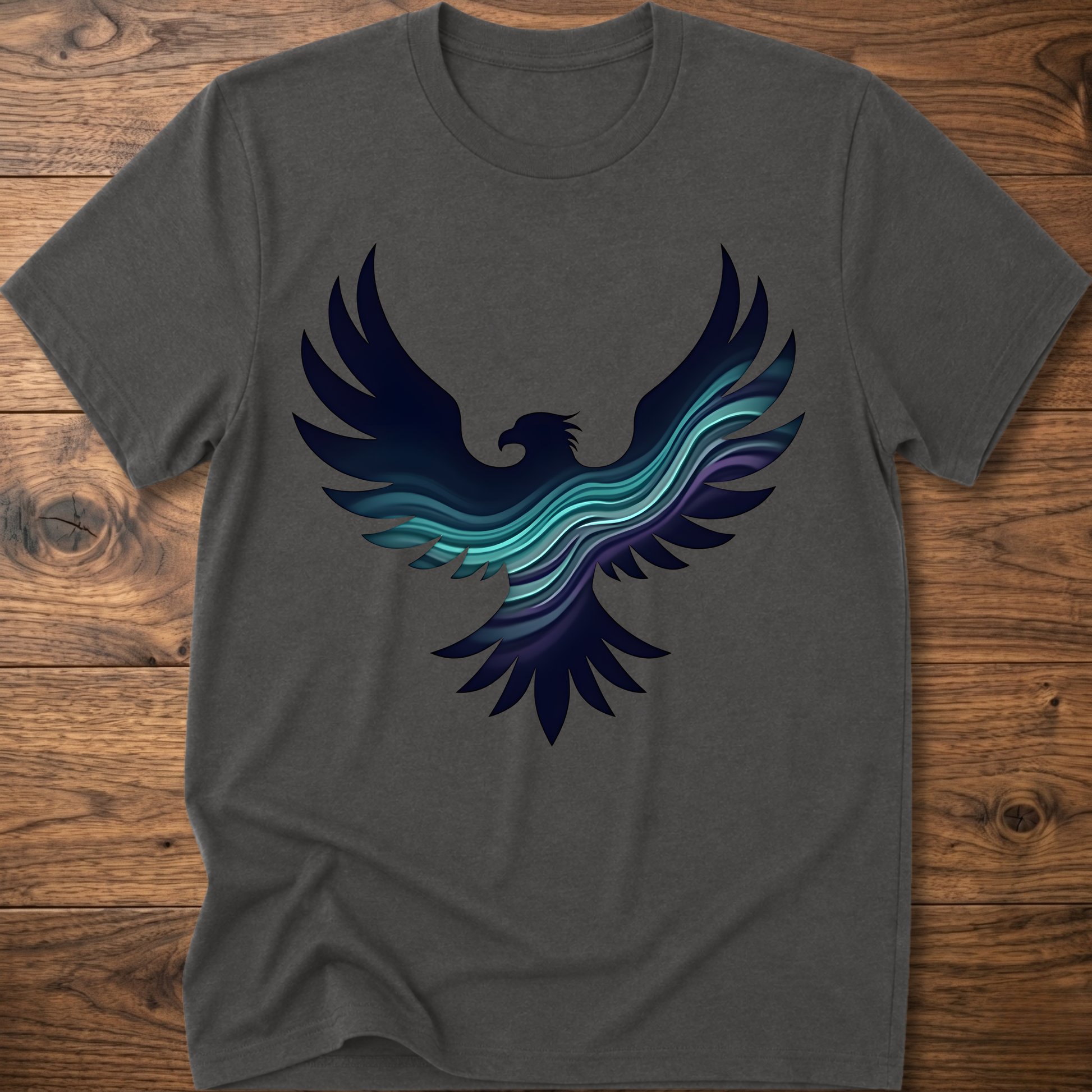 Gray crew-neck T-shirt with large phoenix-style eagle graphic in navy and teal