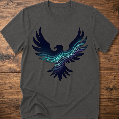 Gray crew-neck T-shirt with large phoenix-style eagle graphic in navy and teal