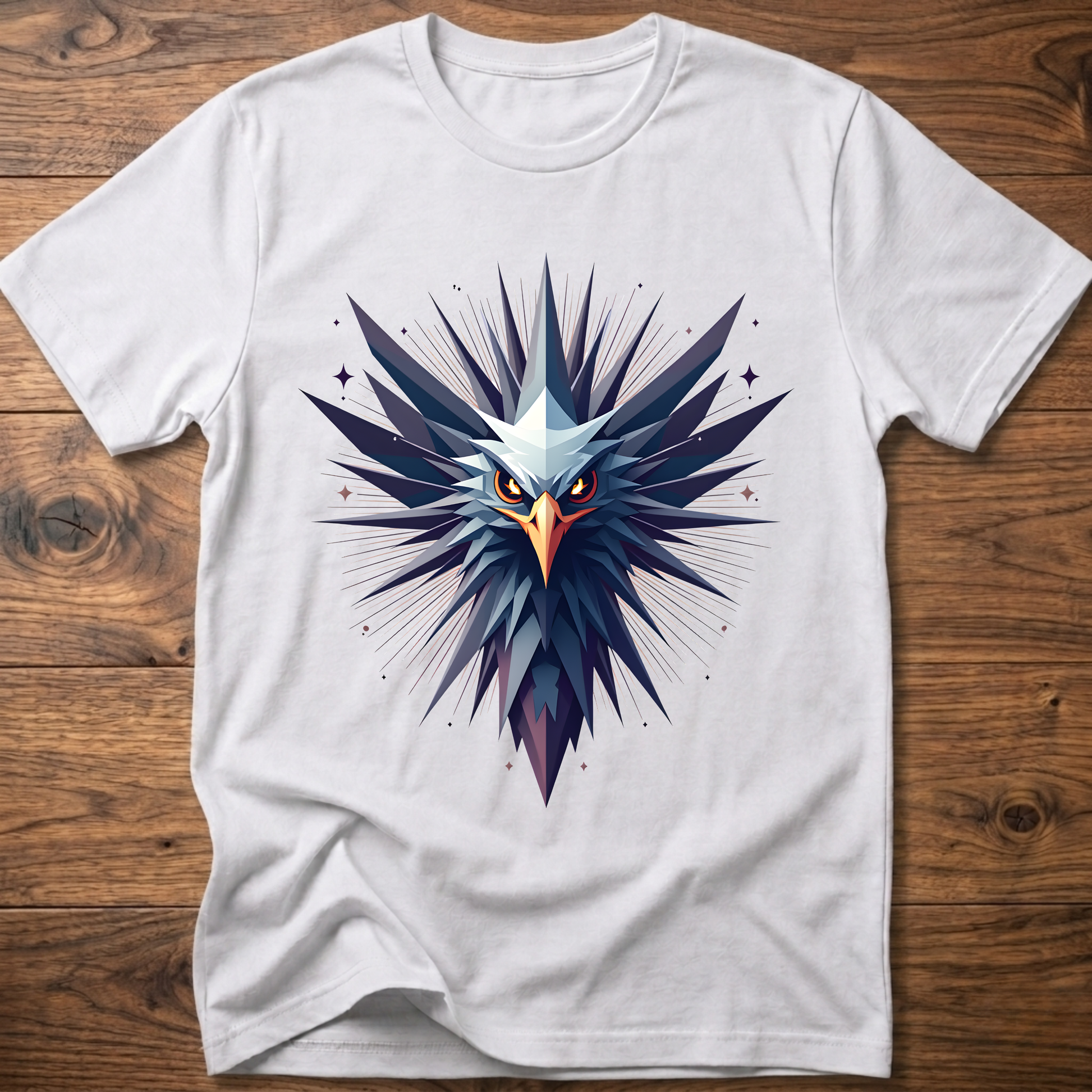 White crew-neck t-shirt with geometric eagle graphic in blue and orange
