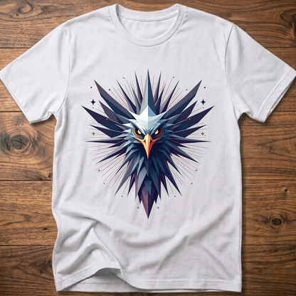White crew-neck t-shirt with geometric eagle graphic in blue and orange