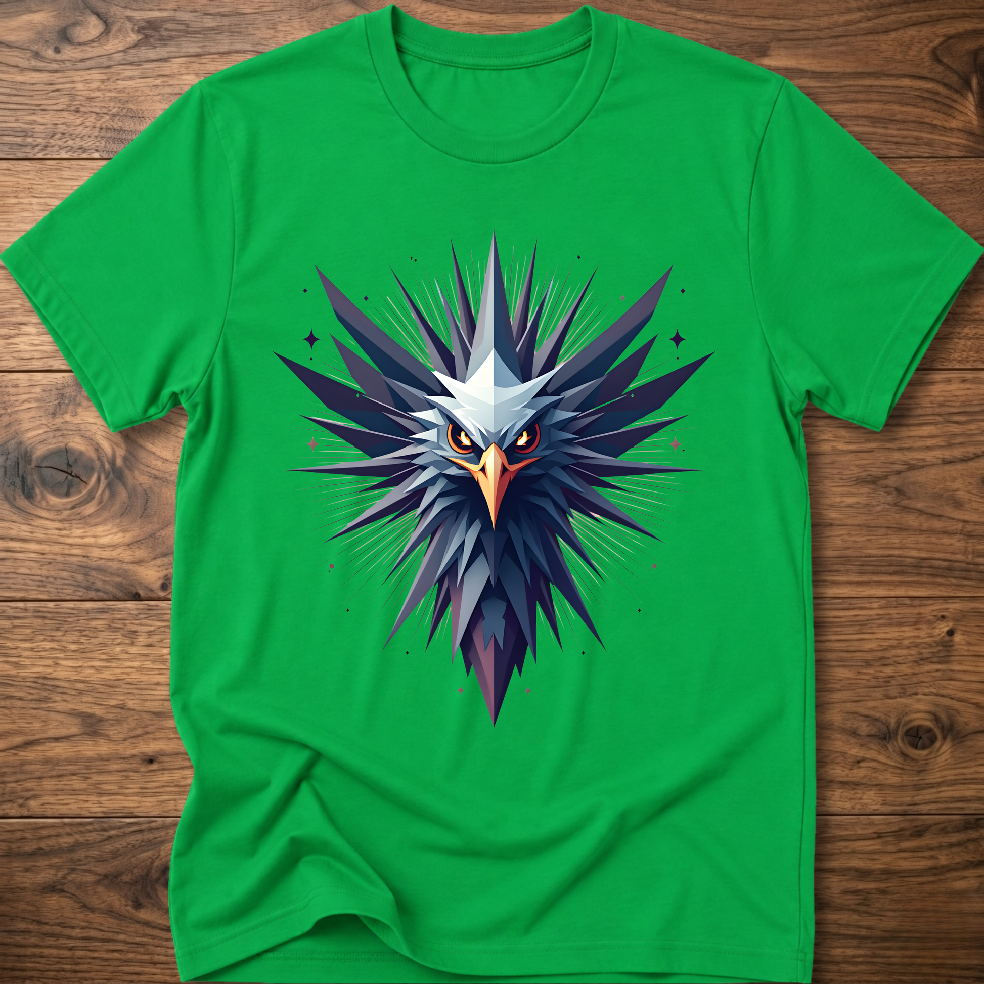 Irish green crew-neck t-shirt with geometric eagle graphic in blue and orange