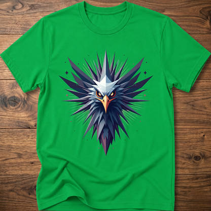 Irish green crew-neck t-shirt with geometric eagle graphic in blue and orange