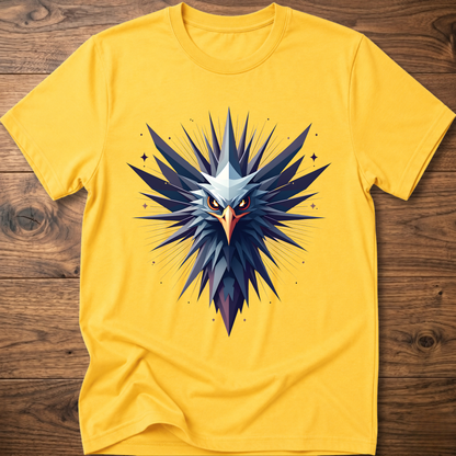 Yellow crew-neck t-shirt with geometric eagle graphic in blue and orange