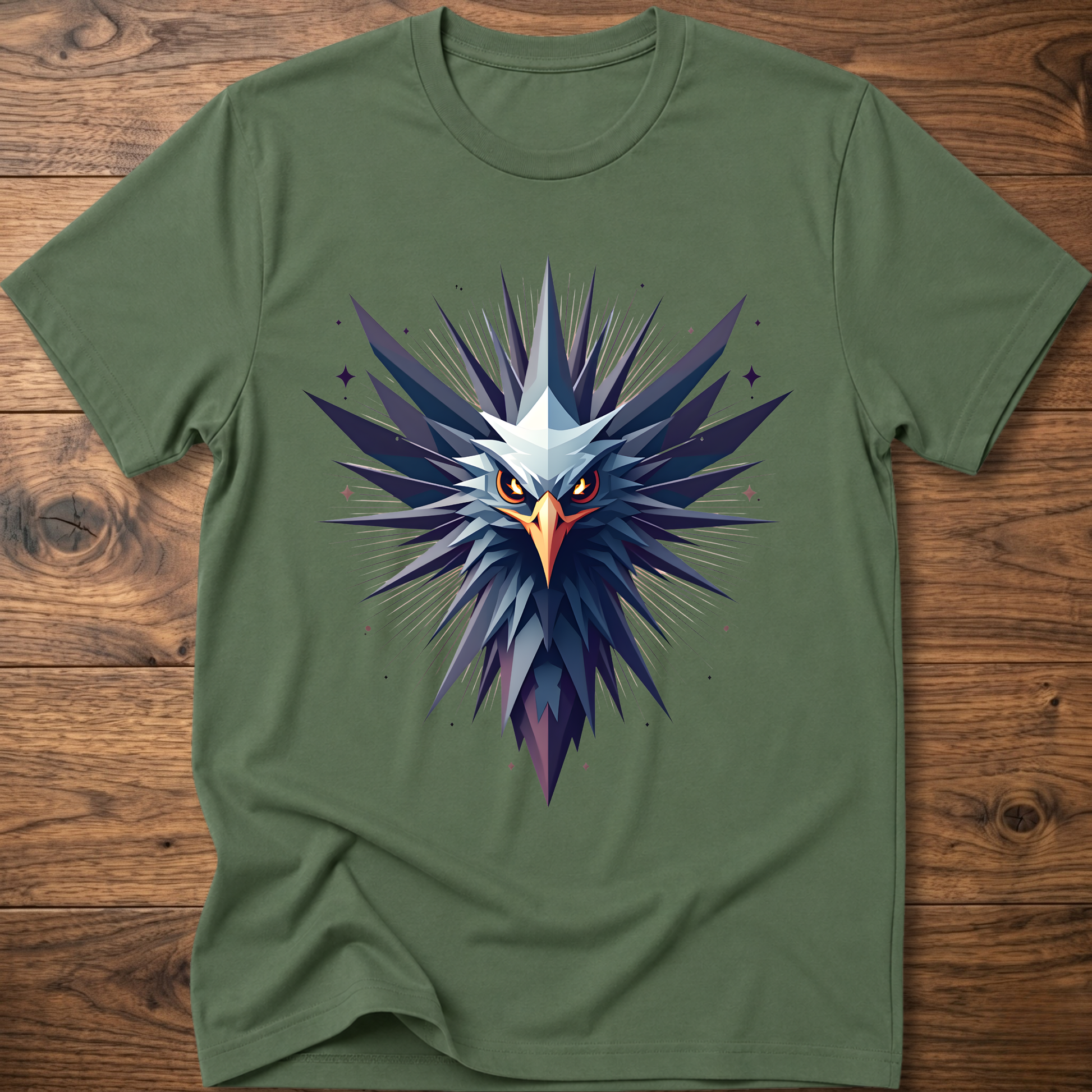 Military green crew-neck t-shirt with geometric eagle graphic in blue and orange