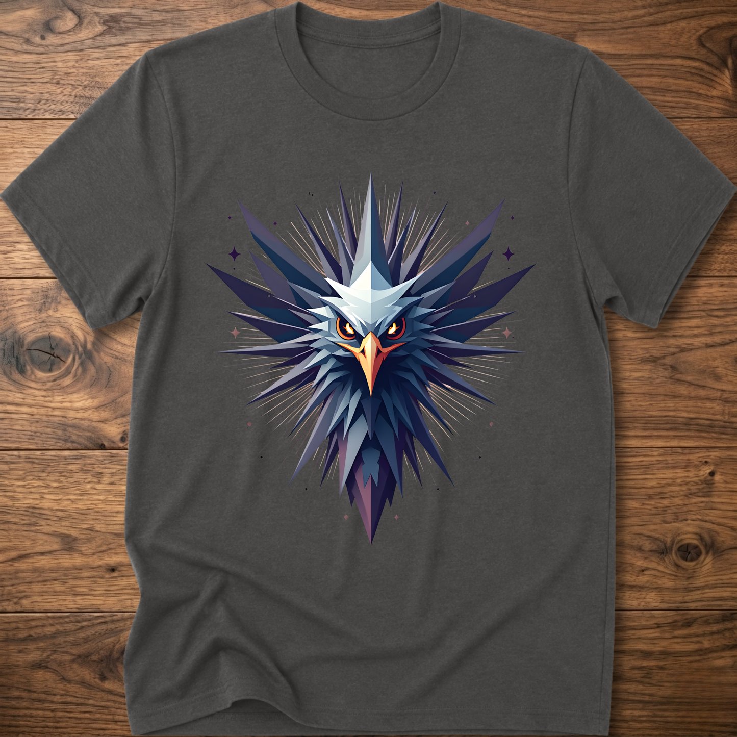 Dark gray crew-neck t-shirt with geometric eagle graphic in blue and orange