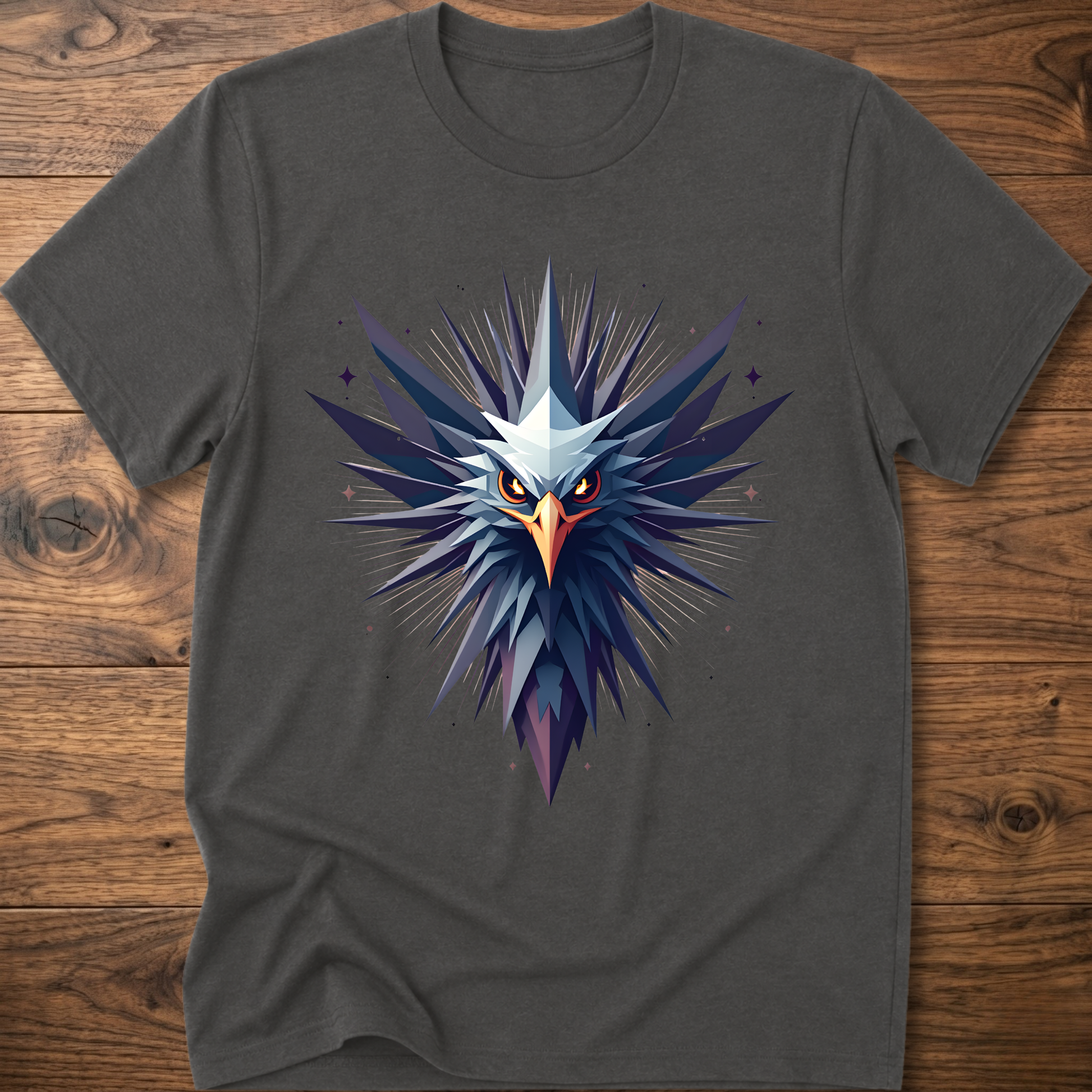 Dark gray crew-neck t-shirt with geometric eagle graphic in blue and orange