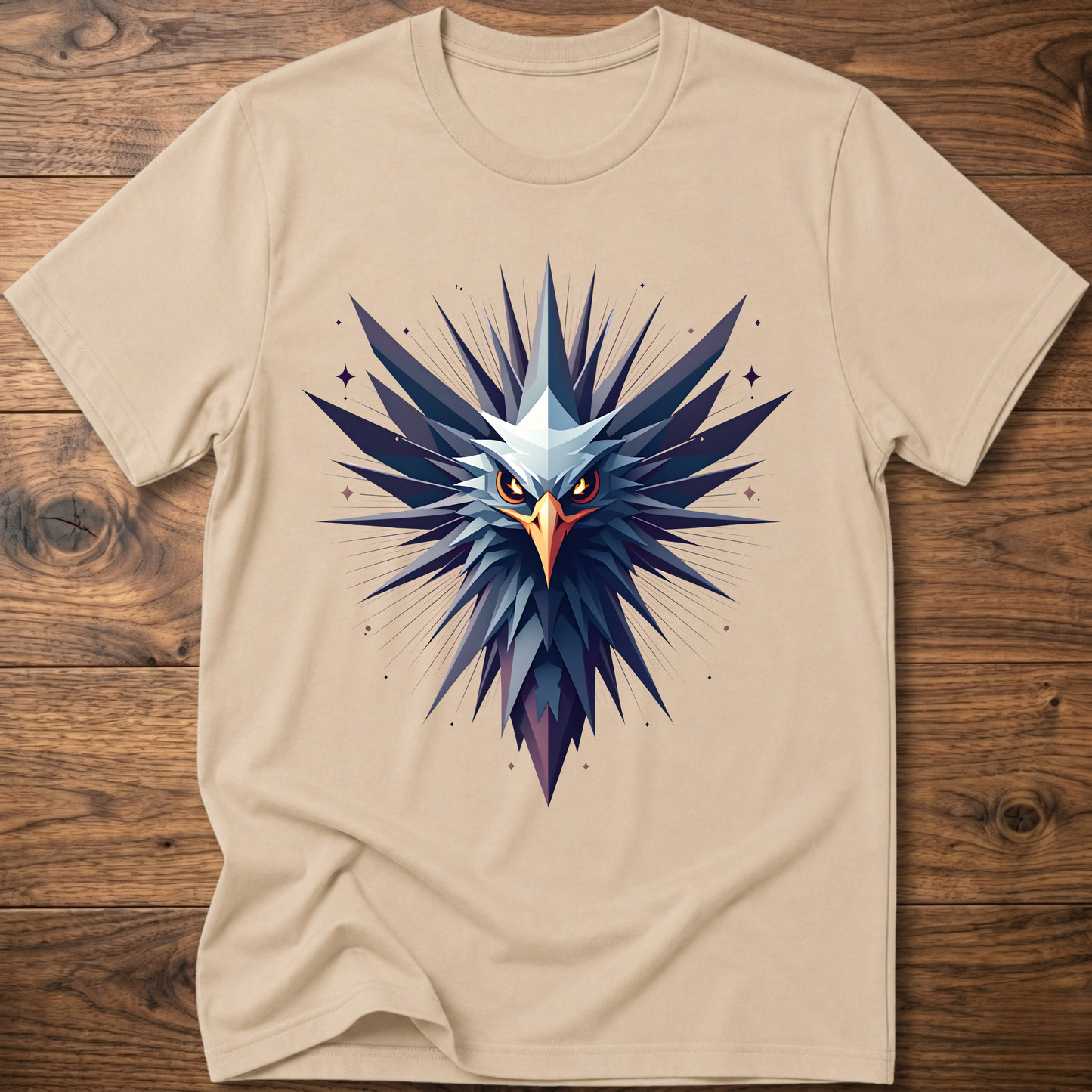 Sand crew-neck t-shirt with geometric eagle graphic in blue and orange
