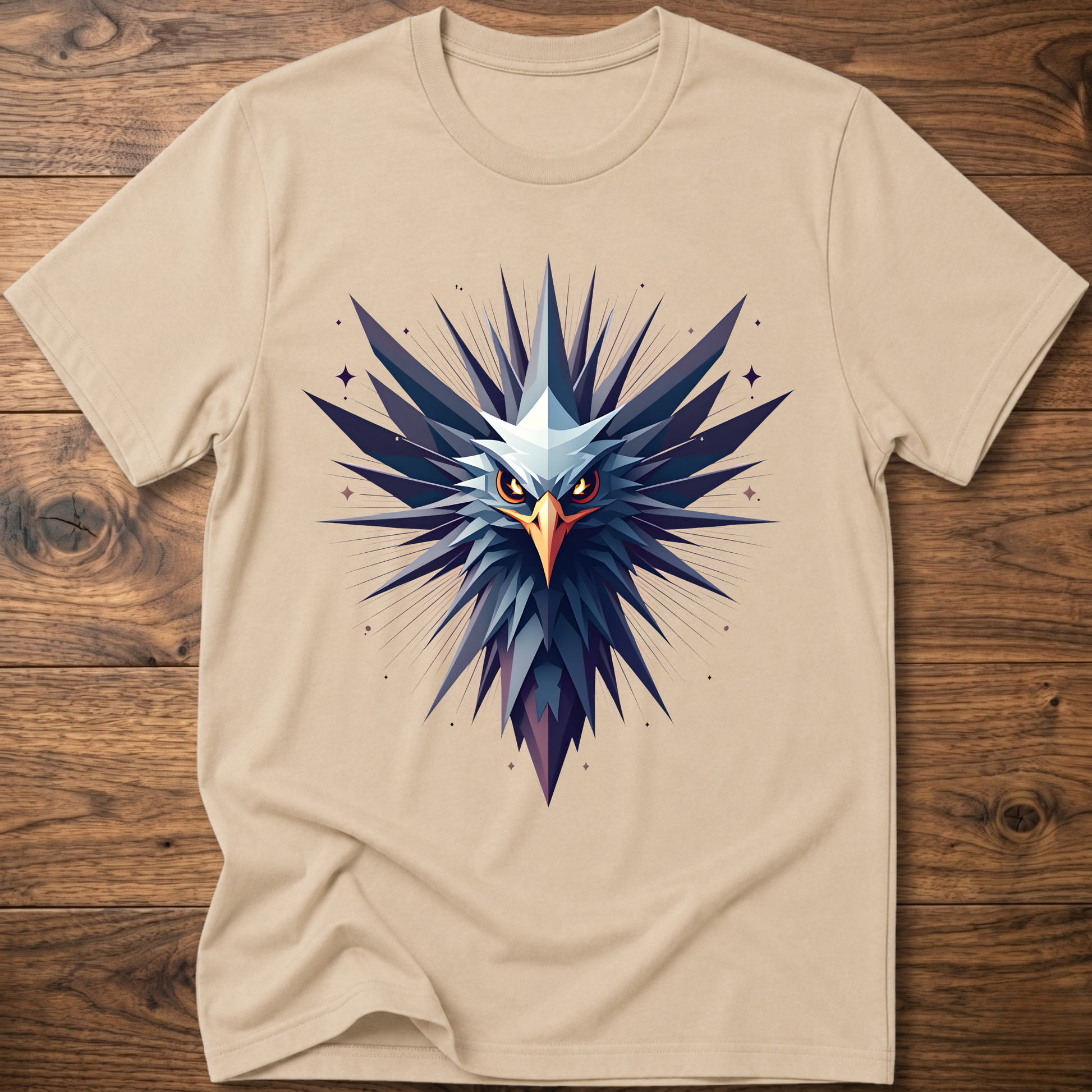 Sand crew-neck t-shirt with geometric eagle graphic in blue and orange