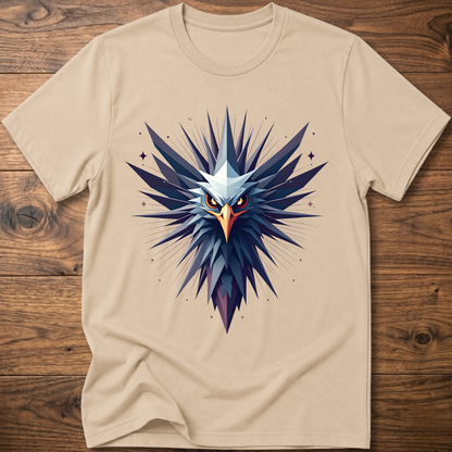 Sand crew-neck t-shirt with geometric eagle graphic in blue and orange