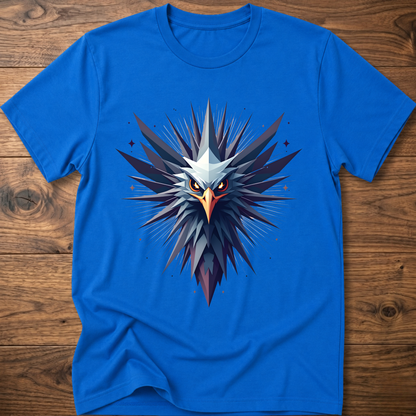 Royal blue crew-neck t-shirt with geometric eagle graphic in blue and orange
