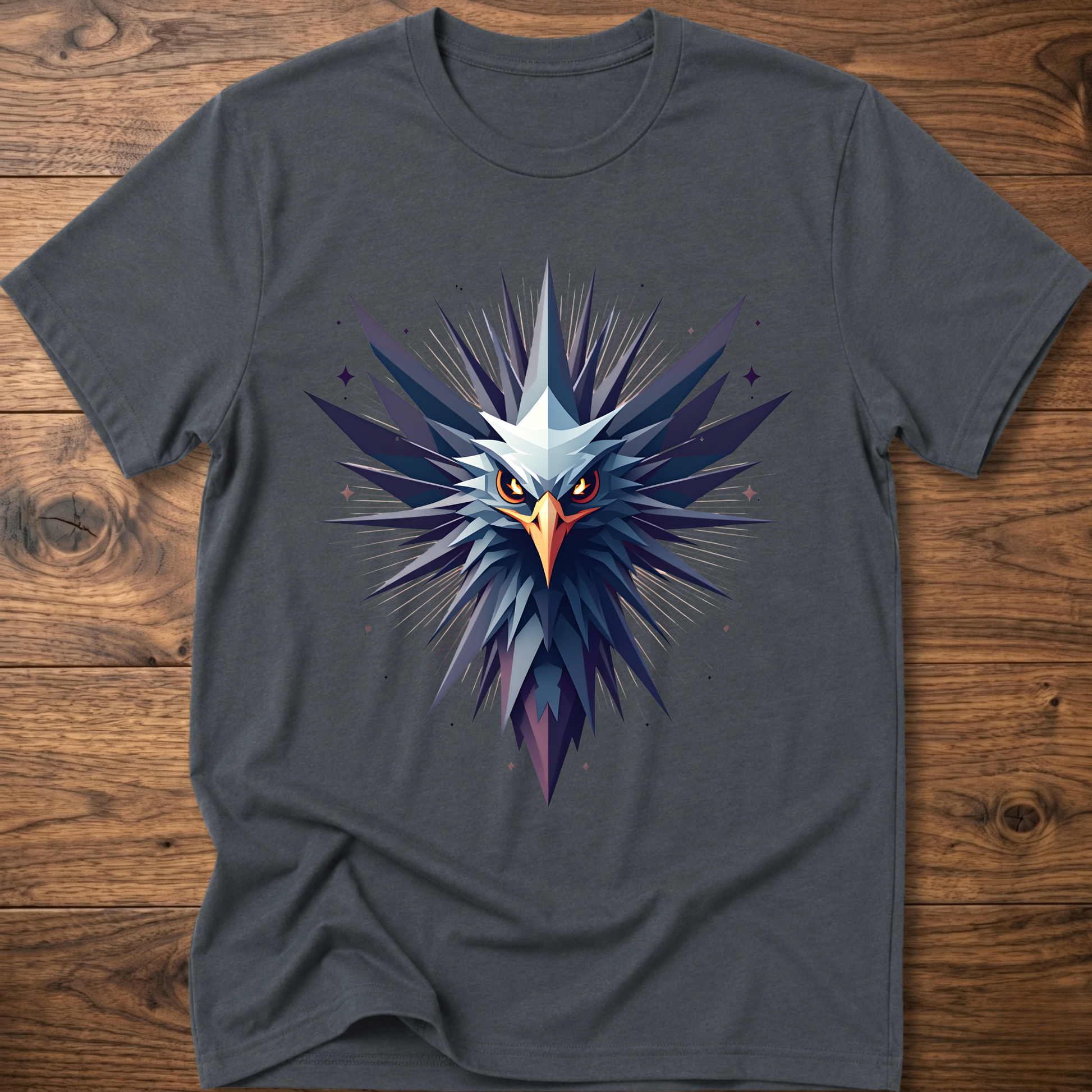 Dark charcoal crew-neck t-shirt with geometric eagle graphic in blue and orange
