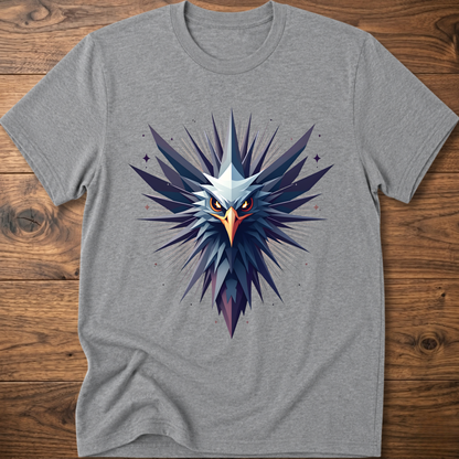 Charcoal crew-neck t-shirt with geometric eagle graphic in blue and orange