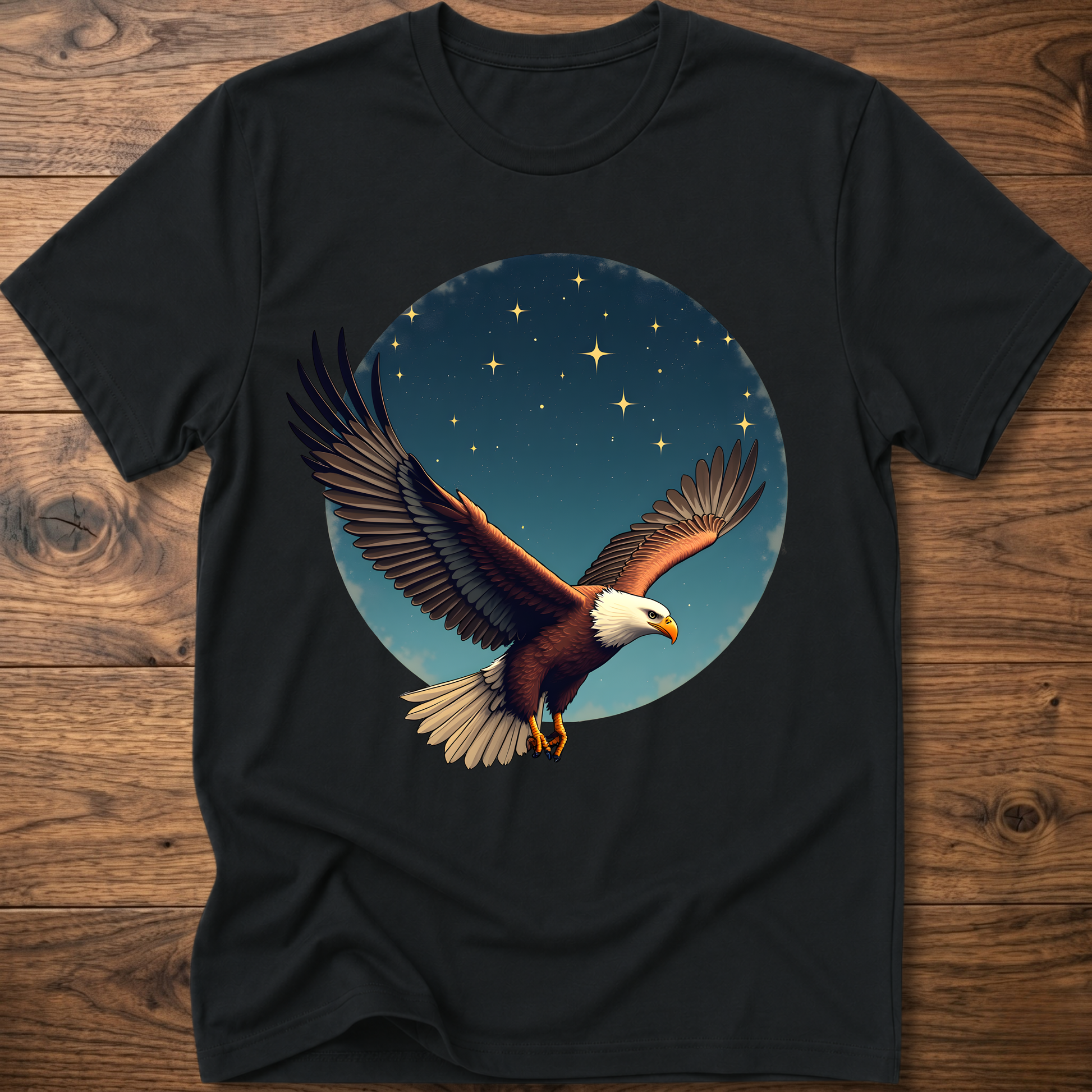 Black crewneck T-shirt with eagle and starry sky graphic