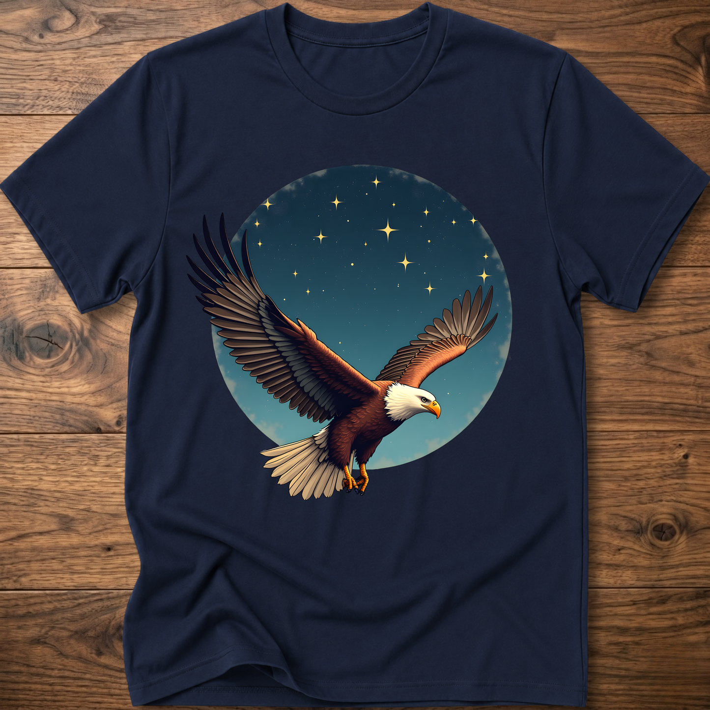 Navy crewneck T-shirt with eagle and starry sky graphic