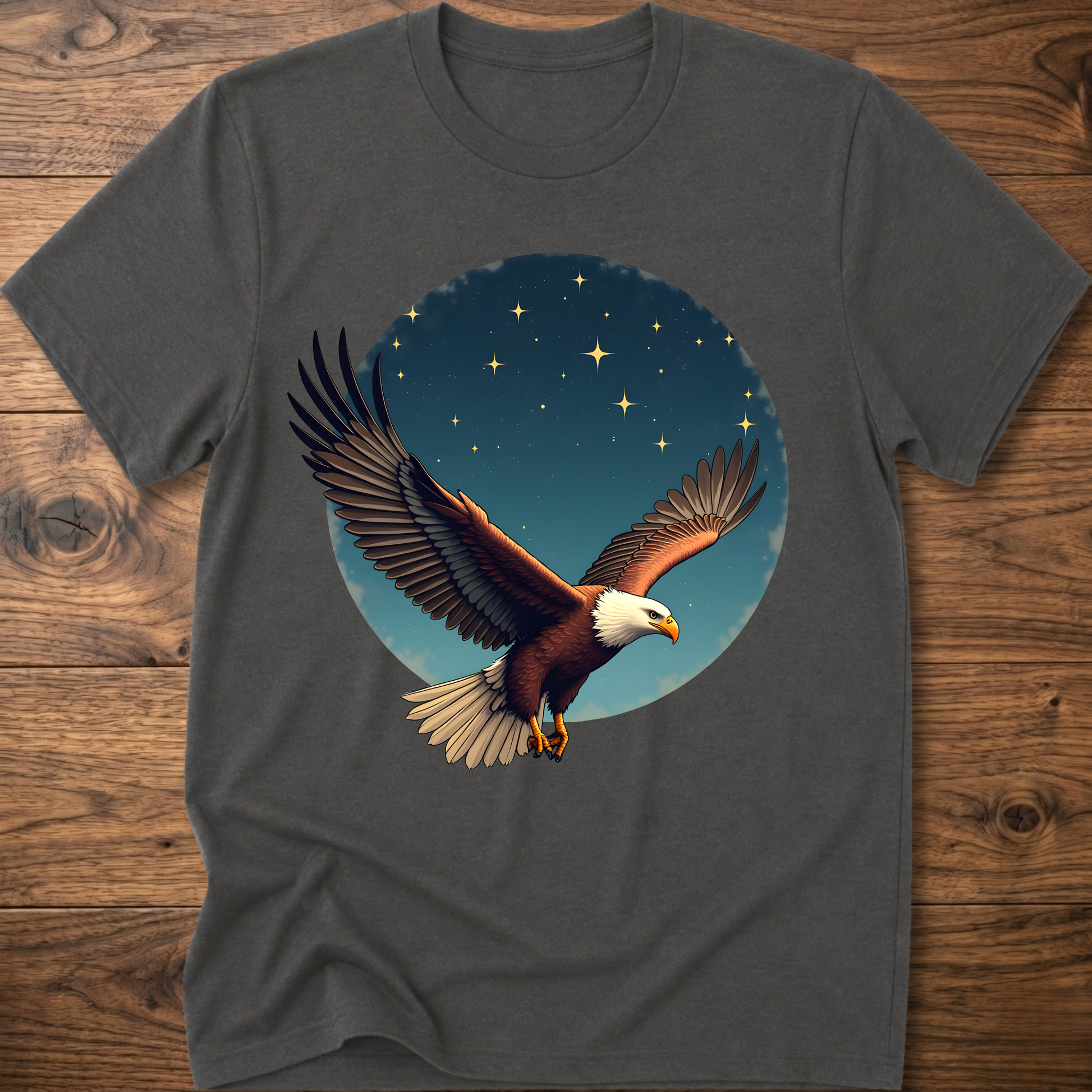 Dark gray crewneck T-shirt with eagle and starry sky graphic