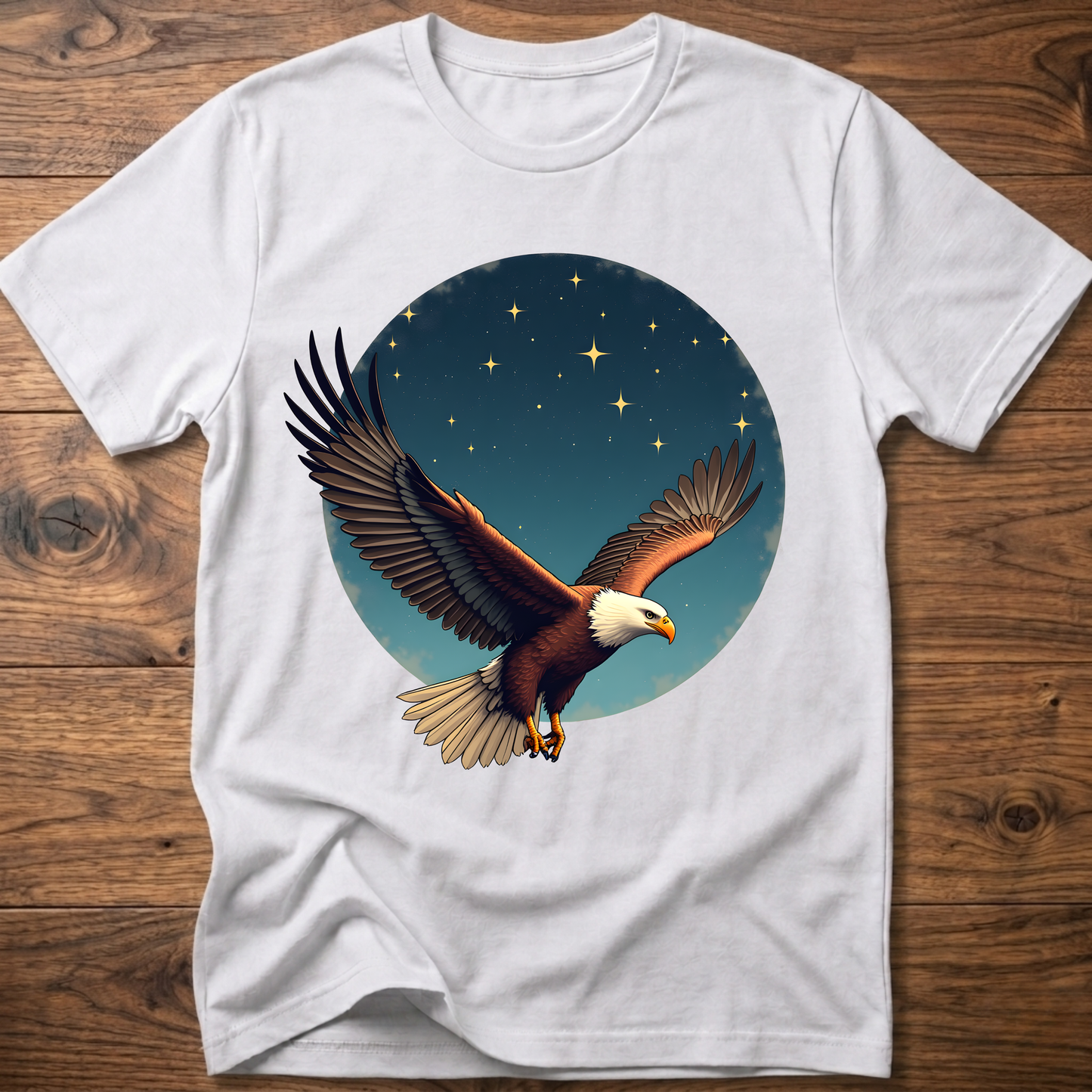 White crewneck T-shirt with eagle and starry sky graphic
