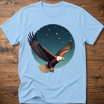 Light blue crewneck T-shirt with eagle and starry sky graphic