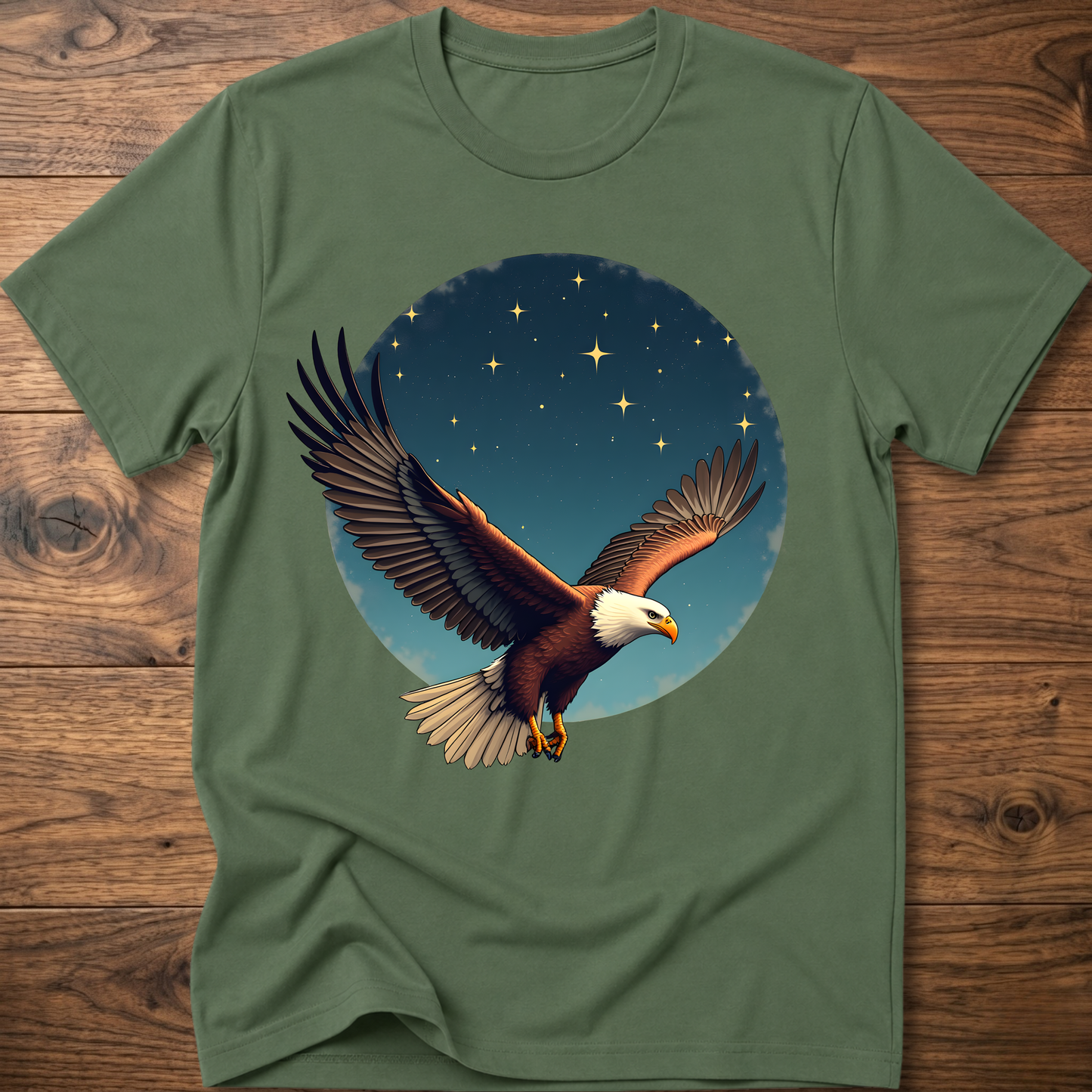 Military green crewneck T-shirt with eagle and starry sky graphic