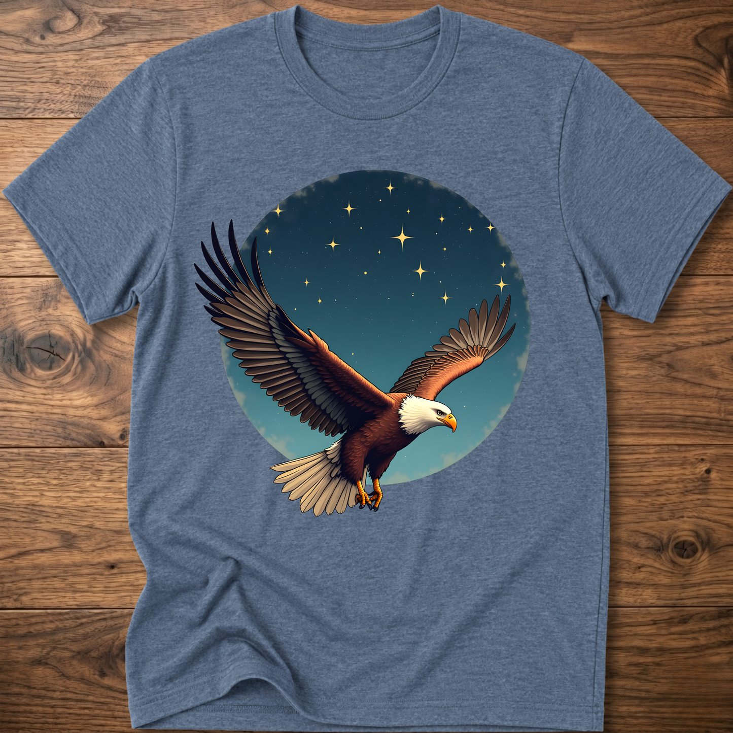 Steel blue crewneck T-shirt with eagle and starry sky graphic