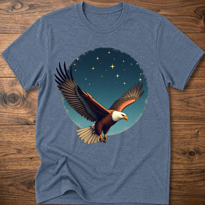 Steel blue crewneck T-shirt with eagle and starry sky graphic