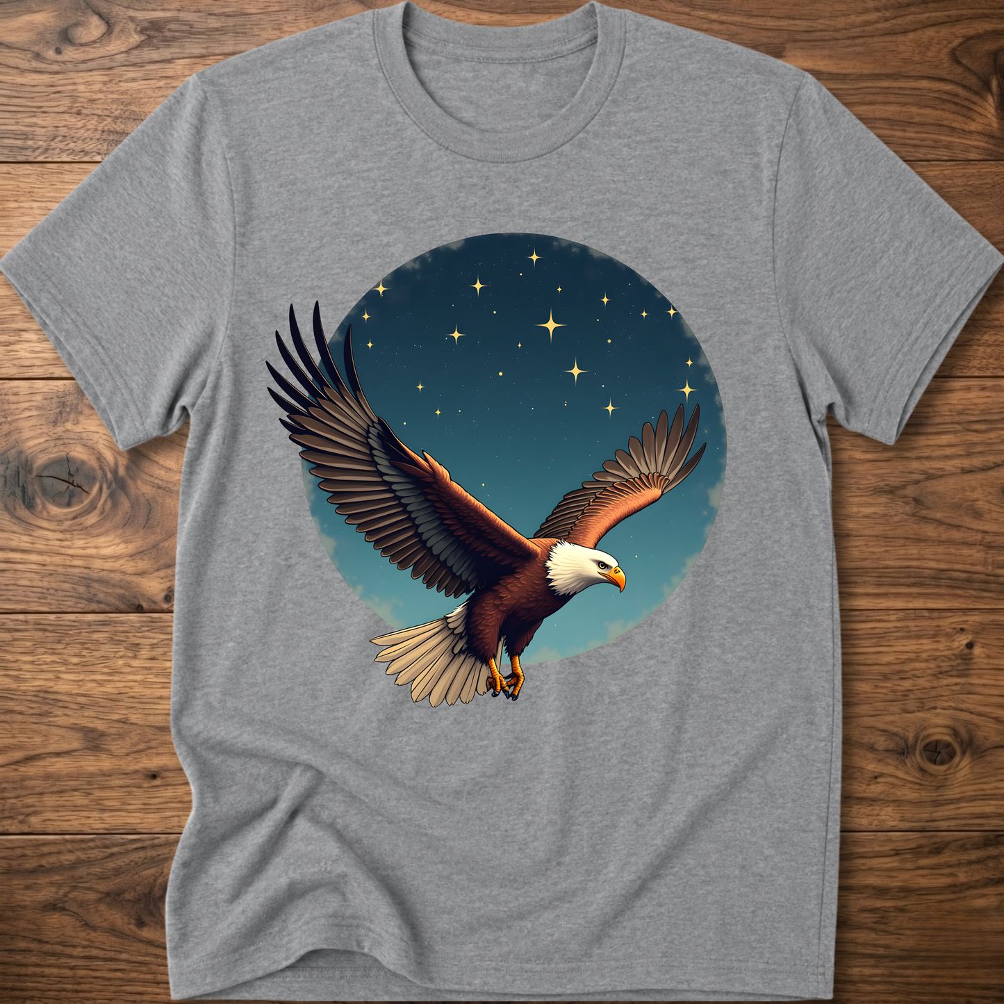 Heather gray crewneck T-shirt with eagle and starry sky graphic