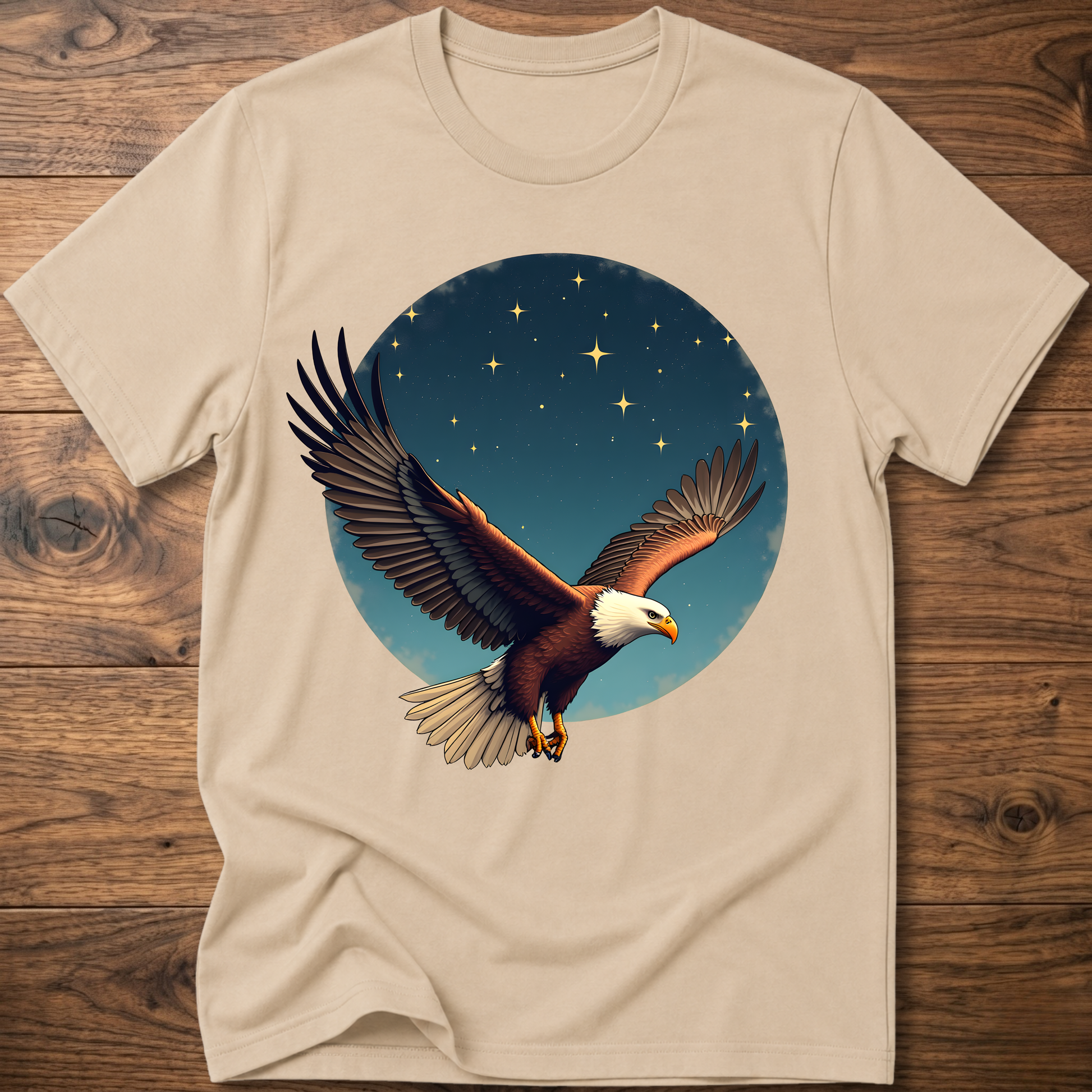 Sand beige crewneck T-shirt with eagle and starry sky graphic