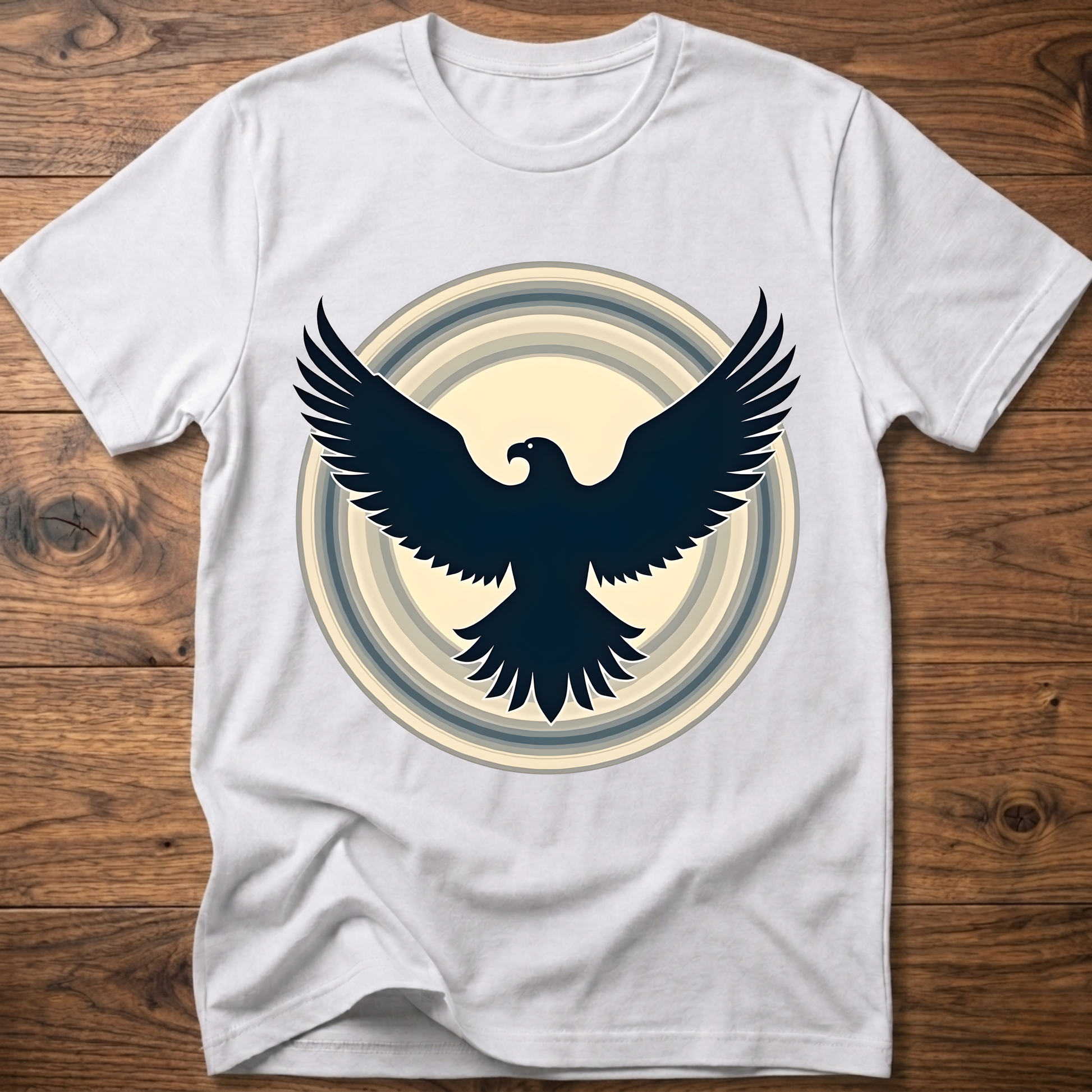 White crewneck T-shirt with dark eagle and circular graphic print