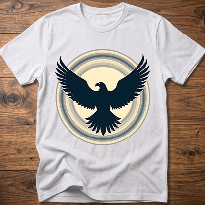 White crewneck T-shirt with dark eagle and circular graphic print