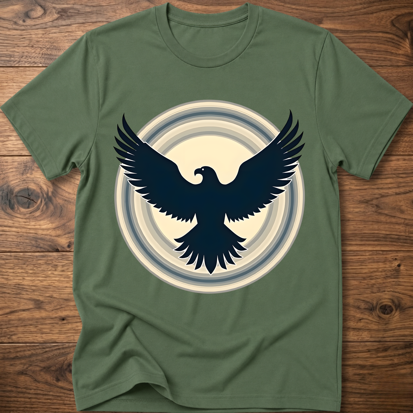 Green crewneck T-shirt with dark eagle and circular graphic print
