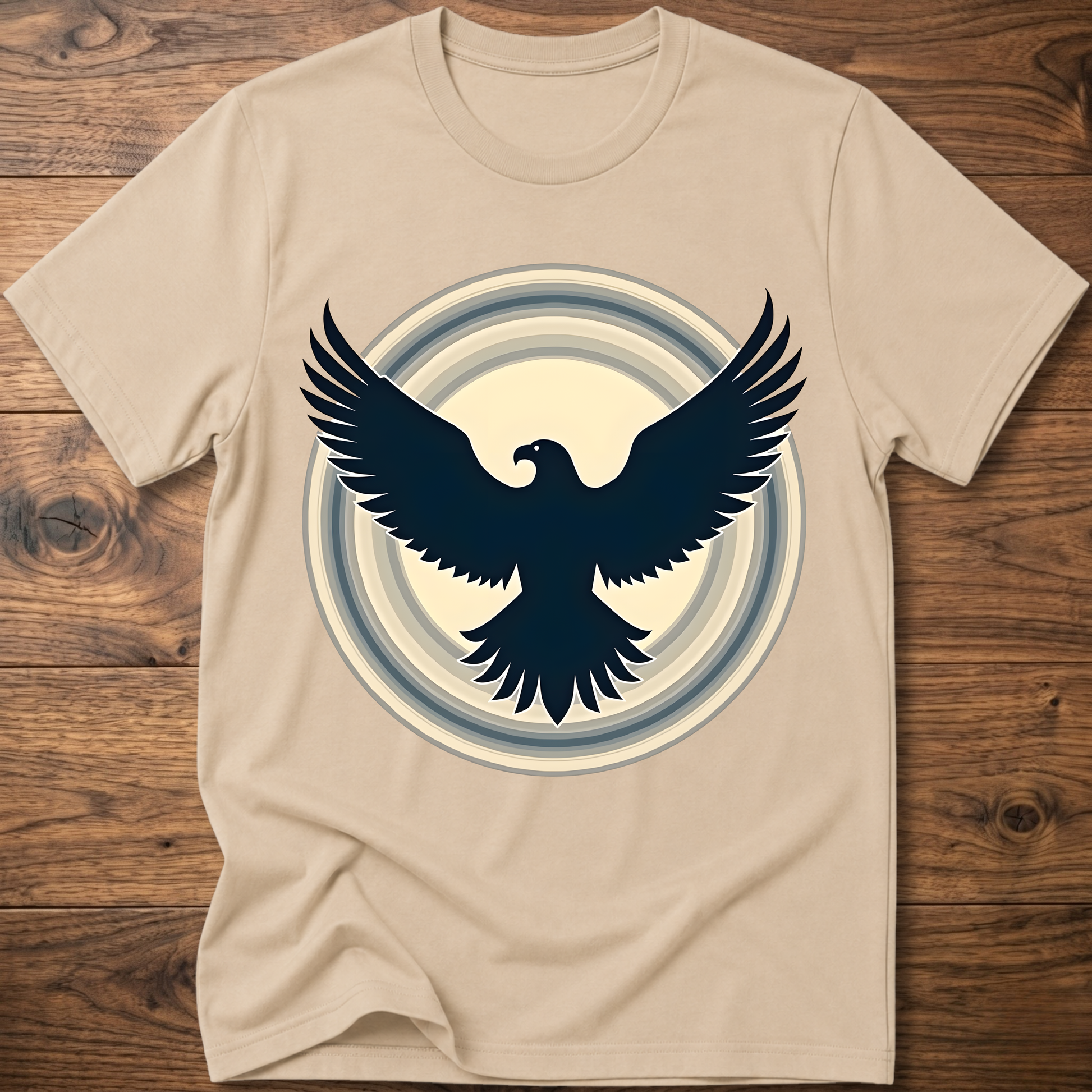 Beige crewneck T-shirt with dark eagle and circular graphic print