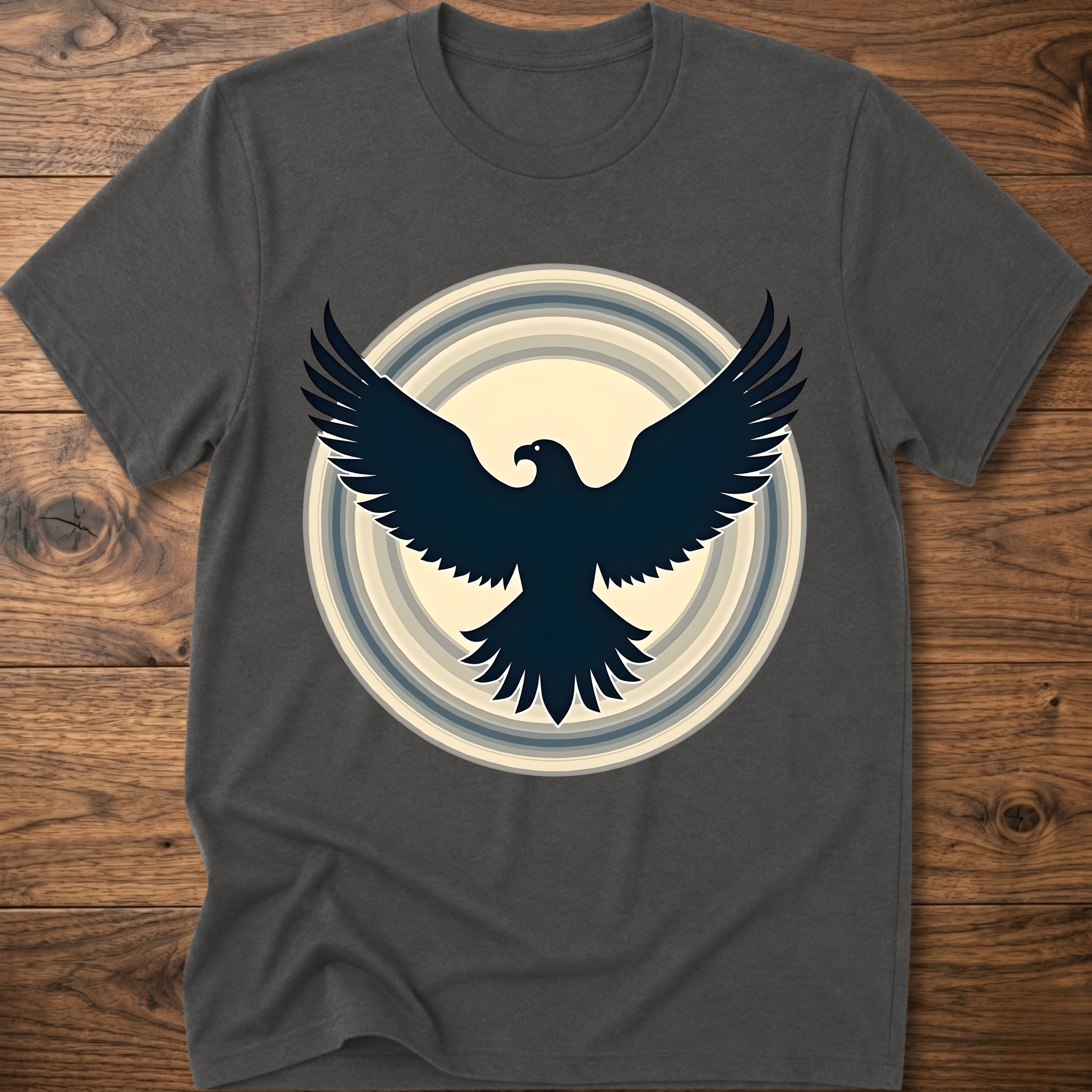 Charcoal gray crewneck T-shirt with dark eagle and circular graphic print