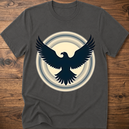 Charcoal gray crewneck T-shirt with dark eagle and circular graphic print