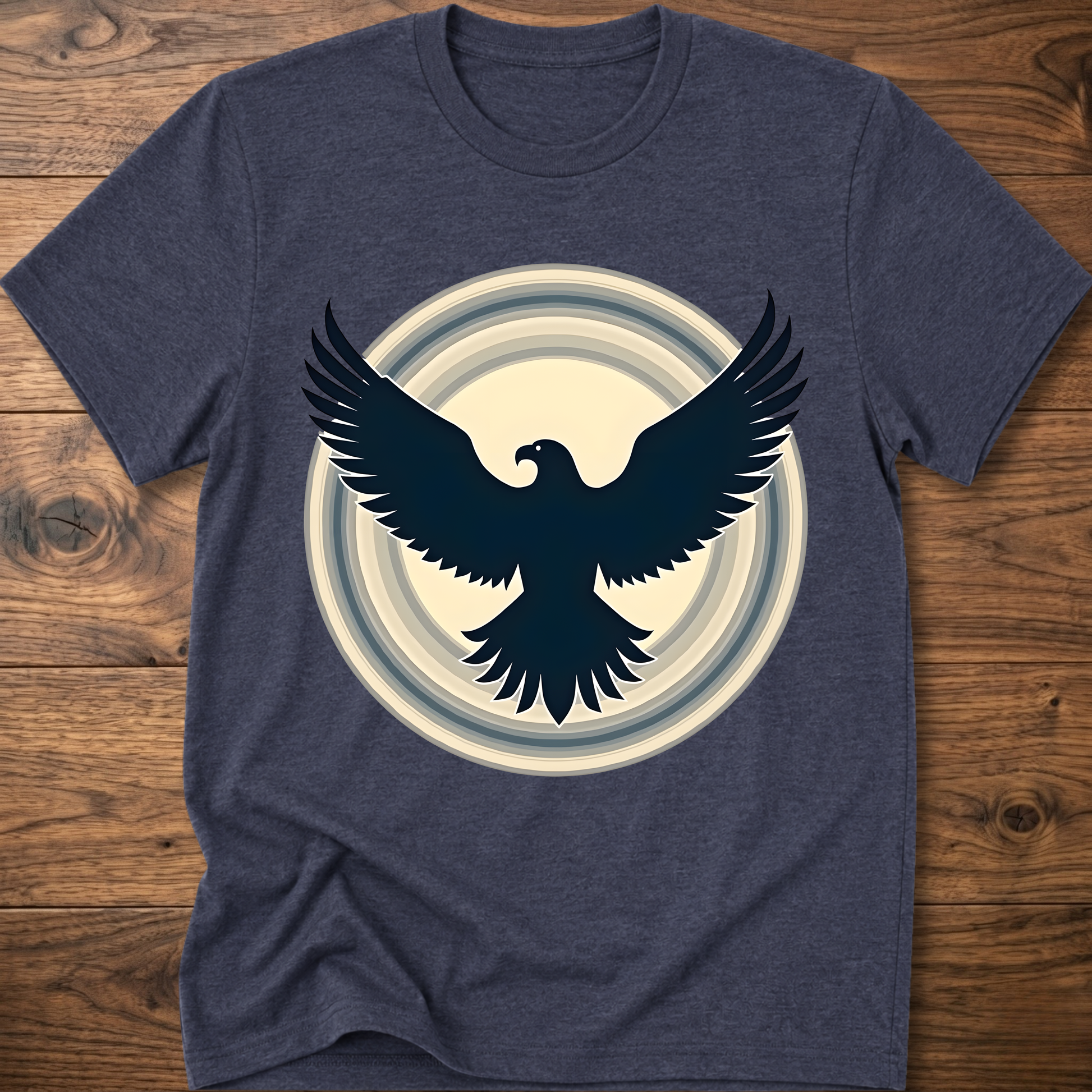 Dark heather gray crewneck T-shirt with dark eagle and circular graphic print