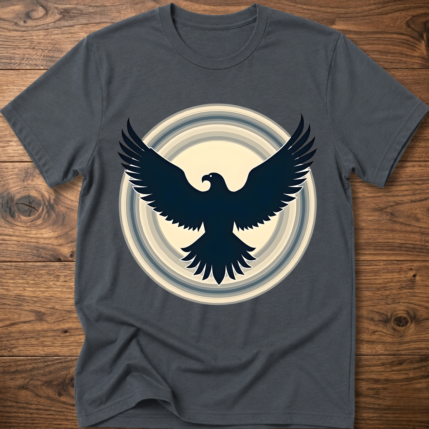 Gray crewneck T-shirt with dark eagle and circular graphic print