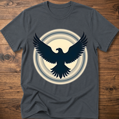 Gray crewneck T-shirt with dark eagle and circular graphic print