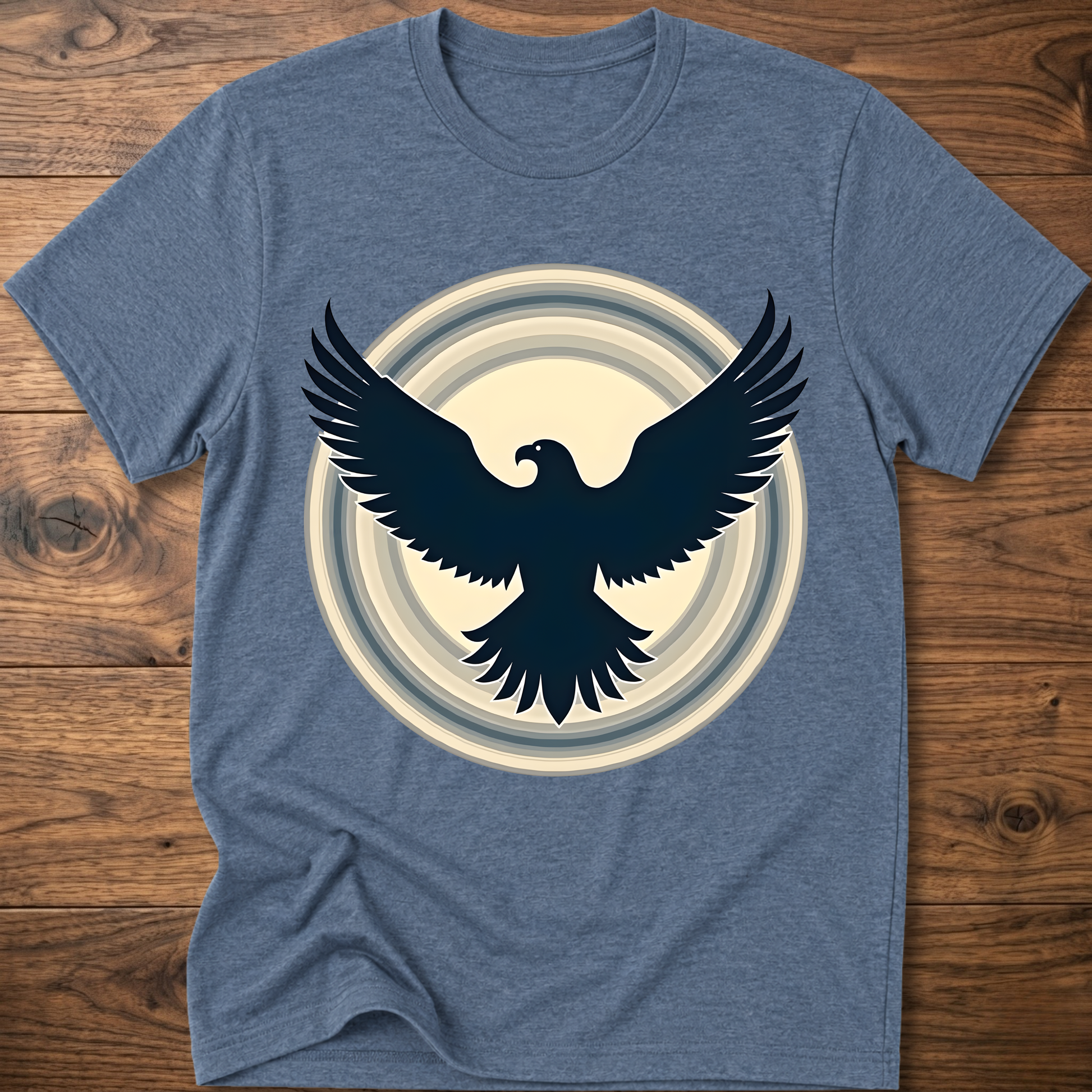 Heather blue crewneck T-shirt with eagle and circular graphic print