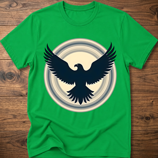 Bright green crewneck T-shirt with dark eagle and circular graphic print