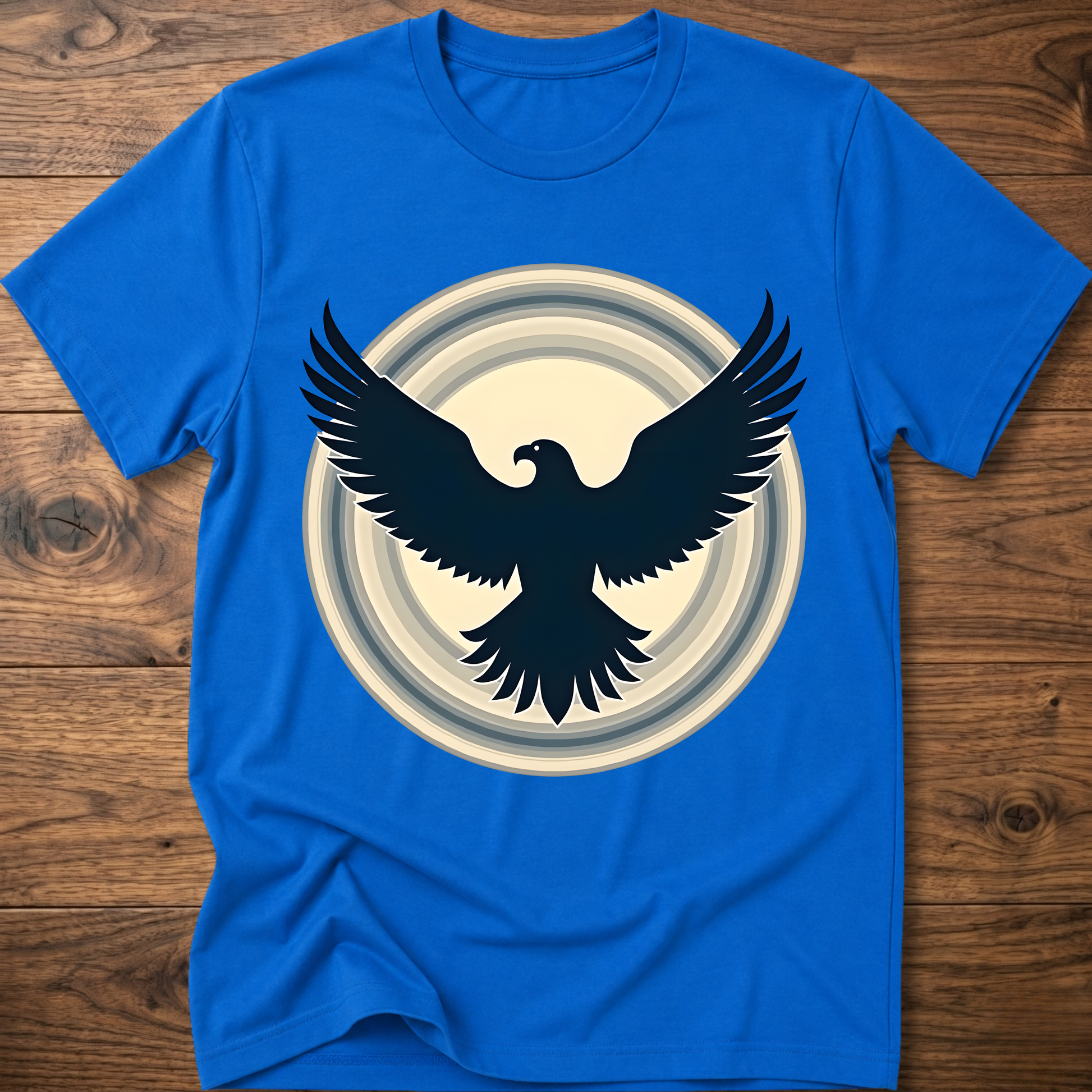Royal blue crewneck T-shirt with dark eagle and circular graphic print